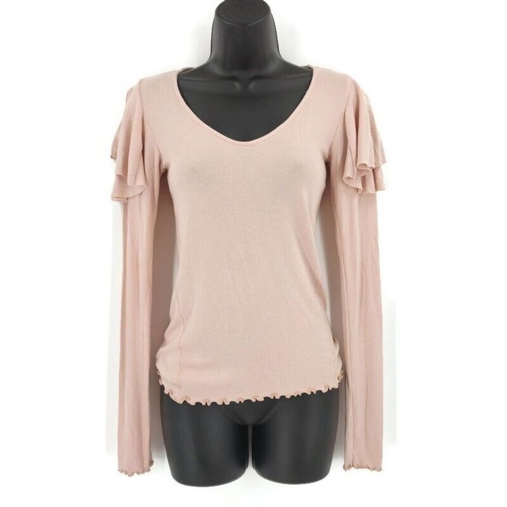 FP We The Free Sz XS Light Pink Round Neck Ruffle Shoulder Long Sleeve Casual T - Picture 2 of 8
